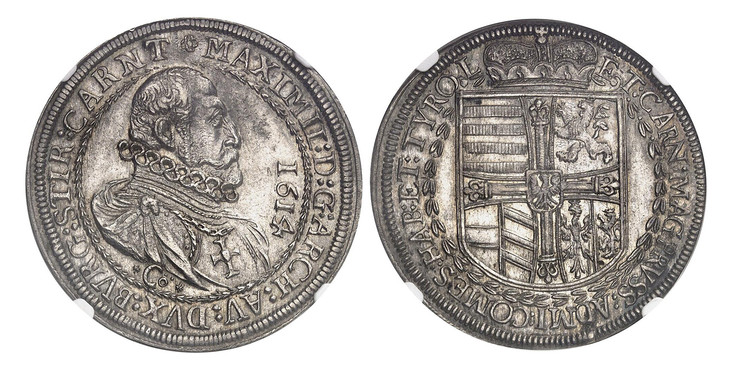 1087476 AUSTRIA. Maximilian. 1614 Co AR Thaler. NGC MS62.  Hall. 41mm. * MAXIMIL: D: G: ARCH: AV: DVX: BVRG: STIR: CARNT. Date in front of bust with Co below / ET: CARN: MAG PRVSS: ADMI: COMES:HAB: ET: TYROL. Crowned shield of arms within wreath. ...