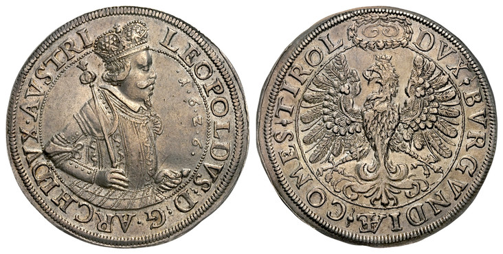 1084677 AUSTRIA. Leopold. 1626 (16Z6) AR Thaler. NGC AU55.  Hall. 57.05gm. Crossed half figure in armor with sword and scepter, date in front / Crowned arms with decorations on sides. KM 629.1; Dav.-3336; M./T. 459b.
Housed in an oversized holder....