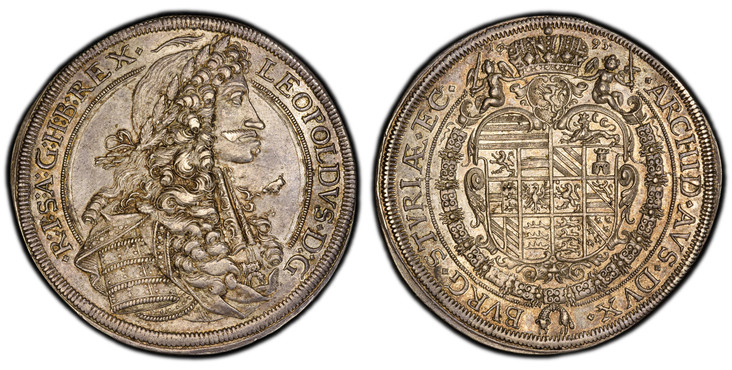 1085939 AUSTRIA. Leopold I. 1693 AR Thaler. PCGS MS61.  Graz. 44.8mm. 28.86gm. LEOPOLDVS D:G •R:I:S:A: G:H: B:REX• (branch). Armored bust without lion's head in shoulder drapery / •ARCHID*AVS*DVX* BVRG*STYRIÆ*[ETC] . Crowned arms within Order chai...