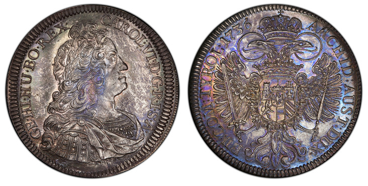 1087697 AUSTRIA. Karl (Charles) VI. 1736 AR Thaler. PCGS MS64.  Hall. CAROL · VI · D · G · R · I · S · A · GE · HI · HU · BO · REX ·. Mature bust right / ARCHID · AUST · DUX BU · COM · TYROL ·. Crowned imperial double eagle with crowned arms withi...