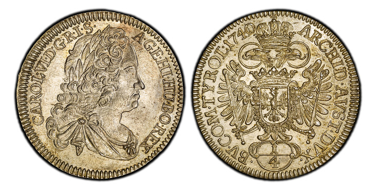1086666 AUSTRIA. Karl (Charles) VI. (Emperor, 1711-1740). 1740/1 AR 1/4 Thaler. PCGS MS64.  Hall. 6.95gm. CAROL · VI · D · G · R · I · S · A · GE · HI · HU · BO · REX ·. Laureate bust right / ARCHID · AUST · DUX · BU: COM · TYROL ·. Crowned imperi...