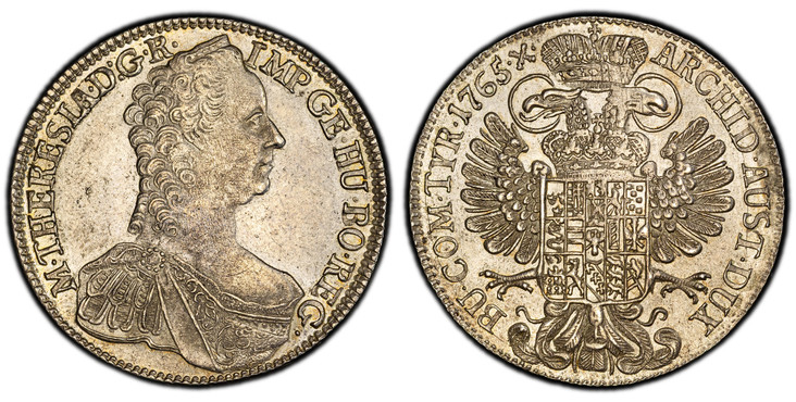 1085430 AUSTRIA. Maria Theresa. 1765 AR Thaler. PCGS AU58.  Hall. 27.99gm. M · THERESIA · D: G · R · IMP · GE · HU ·  BO · REG ·. Mature armored bust right / ARCHID · AUST · DUX · BU · COM · TYR ·. Crowned imperial double eagle with crowned arms o...