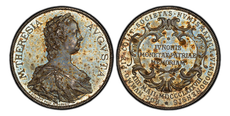 1087154 AUSTRIA. Maria Theresia. 1888 AR Medal of Thaler Weight. PCGS SP62.  By A. Scharff & M. Donner. Bust, right; signed below truncation / Inscription in three lines in cartouche; legend around. Wurzbach 6050; Hauser 2418; Loehr 171.

Issued b...