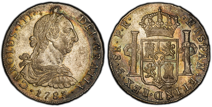 1084011 BOLIVIA. Charles III. 1783-PTS PR AR 8 Reales. PCGS MS62.  Potosi. CAROLUS · III · DEI · GRATIA ·. Laureate bust right / HISPAN · ET IND · REX ·. Crowned arms between pillars. KM 55; Calico 1186.

Please use this link to verify the PCGS ce...