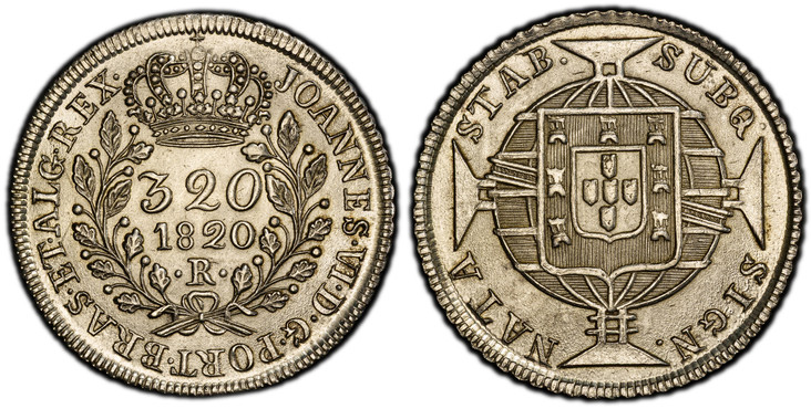 1086094 BRAZIL. 1820-R AR 320 Reis. PCGS MS64.  Rio de Janeiro. Crowned denomination, date and mintmark within wreath; legend around / Shield of arms over armillary sphere; cross divides legend. KM 324.2; Maldonado 449.04.

Please use this link to...