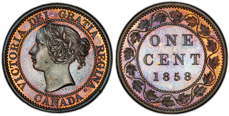 1085367 CANADA. Victoria. (Queen, 1837-1901). 1858 AE Cent. PCGS SP65BN (Brown).  Royal Canadian Mint, Ottawa. Edge: plain. 4.46gm. VICTORIA DEI GRATIA REGINA. CANADA. Laureate head left / ONE CENT. Denomination and date within beaded circle, chai...