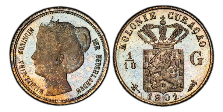 1087235 CURACAO. Wilhelmina. (Queen, 1890–1948). 1901 AR 1/10 Gulden. PCGS PR65 Cameo.  Edge: Reeded. Head left / Crowned arms divide denomination, date below. KM 36. Proof; Scholten 1393.

Please use this link to verify the PCGS certification num...