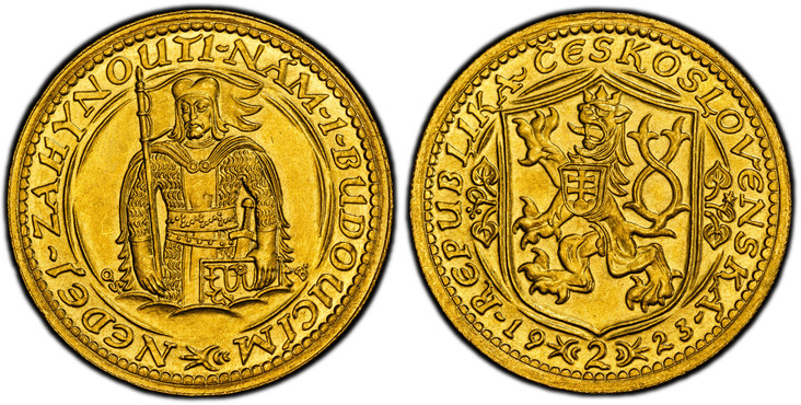 1087083 CZECHOSLOVAKIA. First Republic. (1918 - 1938/39). 1923 AV 2 Dukaty. PCGS MS66.  By J. Benda (Obv.) & O. Spaniel (Rev.). Kremnica Mint. Edge: Milled. 6.88gm. Czech lion with Slovak shield, denomination divides date below / Duke Wenceslas (V...