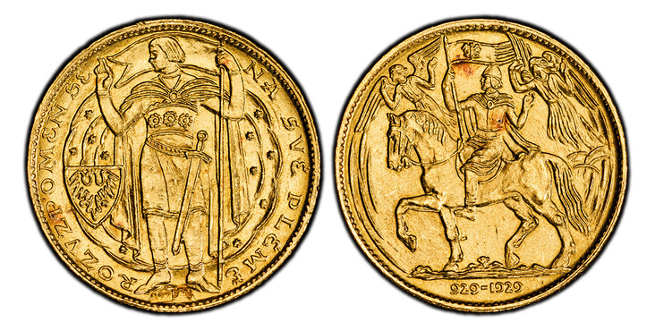 1085351 CZECHOSLOVAKIA. Republic. (1918-1939). -1929 AV Ducat. PCGS MS66.  By O. Spaniel. Kremnitz. [987] (K). Edge: Milled. 4.00gm. Full-length standing figure facing left, heraldic shield to left / Rider and horse advancing, left, one hoof riase...