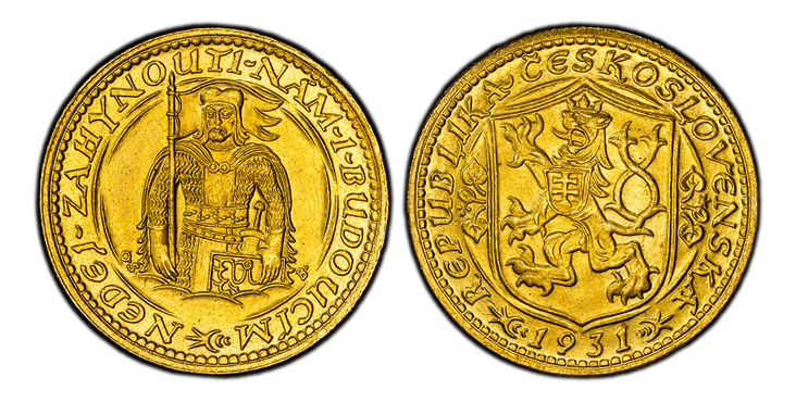 1086164 CZECHOSLOVAKIA. First Republic. (1918 - 1938/39). 1931 AV Ducat. PCGS Genuine - UNC Details Cleaned.  By J. Benda (Obv.) and O. Spaniel (Rev.). Kremnitz. Edge: Milled. Czech lion with Slovak shield, date below / Duke Wenceslas (Vaclav) hal...