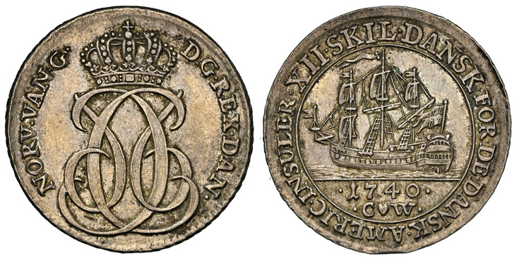 1086733 DANISH WEST INDIES. 1740 AR 12 Skilling. NGC AU55.  Copenhagen Mint. Crowned double C6 monogram / Ship within inner circle. KM 4.

Please use this link to verify the NGC certification number <a href="https://www.ngccoin.com/certlookup/3479...