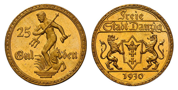 1087237 DANZIG. 1930 AV 25 Gulden. NGC MS66.  Arms with supporters, date below / Statue from the Neptune fountain, denomination at left and divided below. KM 150; Fr.-44.

Never officially released for circulation. A few were distributed on Sept. ...