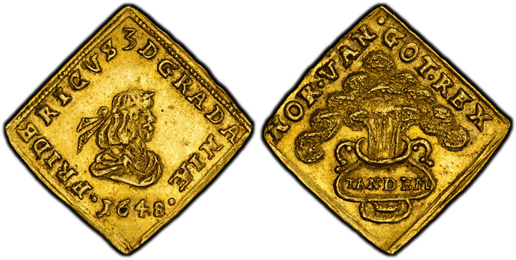 1087076 DENMARK. Frederik III. 1648 Heinrich Köhler (Mintmaster) AV Klippe Ducat. PCGS AU58.  Copenhagen. 3.47gm. Frederik III, small bust / Vase with incense. KM 163.1; Fr.-75; Hede 5B; Schou 28; Sieg 108.2.

Largesse Coinage. Klippe.
Includes or...
