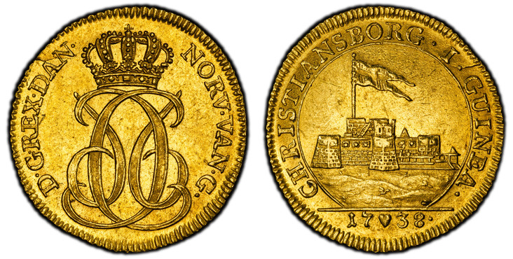 1087078 DENMARK. Christian VI. 1738 Christian Wineke (the Younger, Mintmaster) AV Ducat. PCGS MS61.  3.46gm. D · G · REX · DAN · NORV · VAN · G ·. Crowned double C6 monogram / CHRISTIANSBORG · I · GUINEA ·. Fortress of Christiansborg in inner circ...