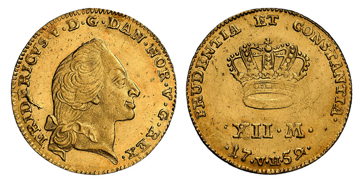 1087155 DENMARK. Frederik V. 1759 VH; W AV 12 Mark, Ducat Courant. NGC MS63.  Copenhagen. Bare head right, curl below / Crown above value and date. KM 587.3; Fr.-269; Sieg-21.3.

Currently the finest known at NGC as of April 2026
Housed in an olde...