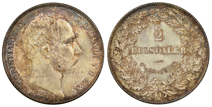 1087661 DENMARK. Christian IX. 1864 HC//RH AR 2 Rigsdaler. NGC MS65.  CHRISTIANVS IX D G DANIÆ V G REX. Head right / Denomination within oak wreath. KM 772.1.

Please use this link to verify the NGC certification number <a href="https://www.ngccoi...