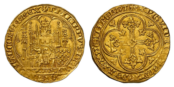 1084808 FRANCE. Philip VI le Fortuné. (King, 1328-1350). (1328-50) AV Ecu d'Or. NGC MS63.  28mm. 4.52gm. + PhILIPPVS : DЄI xx GRA xFRAnCORVM : RЄX. King seated on Gothic throne, a sword in his right hand and his left supporting a shield / + o XP'C...
