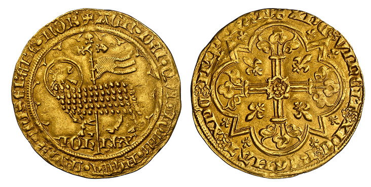 1084811 FRANCE. Jean II Le Bon. (King, 1350-1364). (1350-64) AV Mouton d'Or. NGC AU55.  4.69gm. + AGN DEI QVI TOLL PCCA MVDI MISERERE NOB. Lamb and cruciform staff with flying banner / + XPC VINCIT XPC REGNAT XPC IMPERAT. Floriated cross in quadri...
