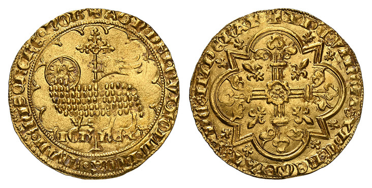 1085924 FRANCE. Jean II Le Bon. (King, 1350-1364). (1350-64) AV Mouton d'Or. NGC MS62.  4.68gm. + AGN DEI QVI TOLL PCCA MVDI MISERERE NOB. Lamb and cruciform staff with flying banner; IOh - REX below / + XPC VINCIT XPC REGNAT XPC IMPERAT. Floriate...