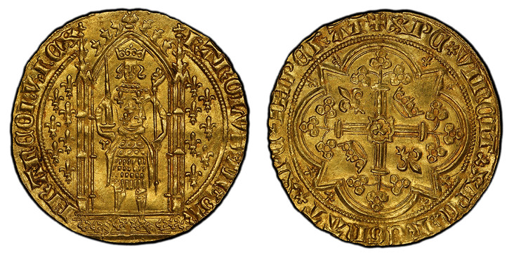 1087315 FRANCE. Charles V. (King, 1364-1380). (1364-80) AV Franc a Pied. PCGS MS64.  3.79gm. KAROLS • DI • GRFRAnCORV • RЄX (saltire stops). Charles standing facing within portico, holding sword and scepter surmounted by Hand of Justice; seven lis...