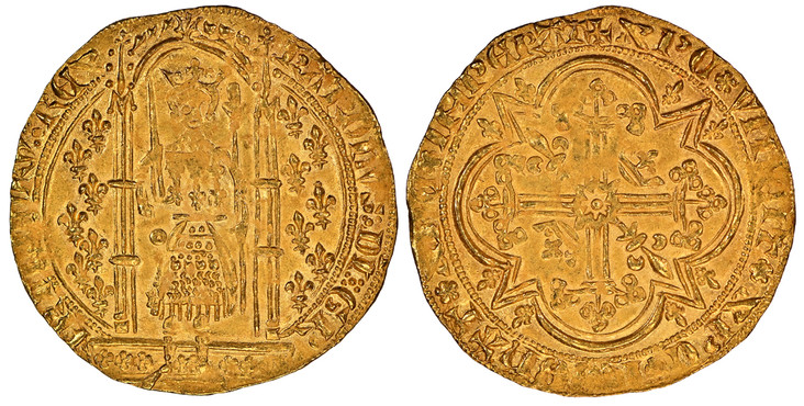 1087454 FRANCE. Charles V. (King, 1364-1380). (1364-80) AV Franc a Pied. NGC MS65.  3.79gm. KAROLS • DI • GRFRAnCORV • RЄX (saltire stops). Charles standing facing within portico, holding sword and scepter surmounted by Hand of Justice; seven lis ...
