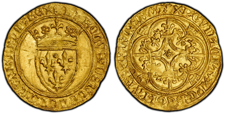 1084815 FRANCE. Charles VI. (King, 1380-1422). (1380-1422) AV Ecu d'Or. PCGS MS65.  Saint-Lô. 28mm. 3.77gm. + KAROLVSx DEIx GRACIAx FRANCORVx REX. Crowned coat-of-arms / + XPC* VINCIT* XPC* REGNAT* XPC* IMPERAT. Cross fleurée, with star in center ...