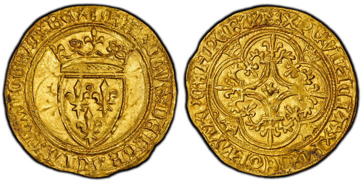1084816 FRANCE. Charles VI. (King, 1380-1422). (1380-1422) AV Ecu d'Or. PCGS MS64.  Saint-Lô. 28.5mm. 3.77gm. + KAROLVSx DEIx GRACIAx FRANCORVx REX. Crowned coat-of-arms / + XPC* VINCIT* XPC* REGNAT* XPC* IMPERAT. Cross fleurée, with star in cente...