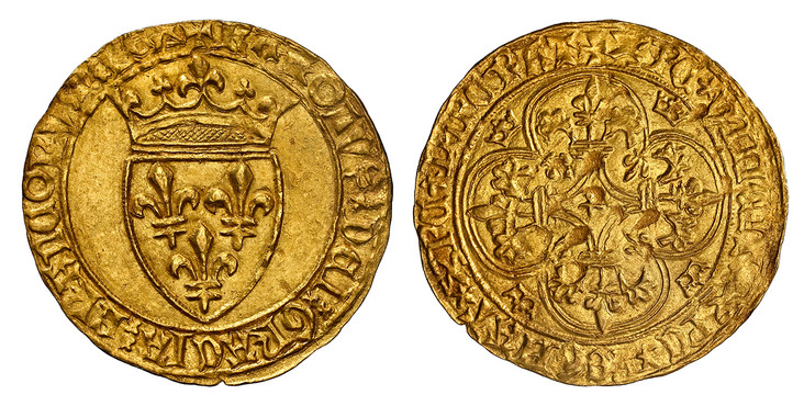 1084819 FRANCE. Charles VI. (King, 1380-1422). (1380-1422) AV Ecu d'Or. NGC MS64.  Possibly Saint-Lô. 29.5mm. 3.91gm. + KAROLVSx DEIx GRACIAx FRANCORVx REX. Crowned coat-of-arms / + XPC* VINCIT* XPC* REGNAT* XPC* IMPERAT. Cross fleurée, with star ...