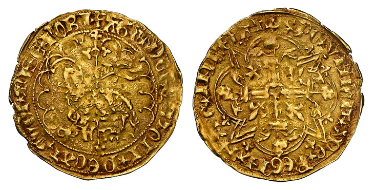 1084824 FRANCE. Charles VII. (King, 1422-61). (1422-61) AV Agnel d'Or. NGC AU55.  Montpelier. 26mm. 2.58gm. + AGN° DEI: QVI TOLL° PECAT° MVDI: MISE: NOBIS// °K° F - RX°. Paschal lamb, left,a forelegs raised and head turned to right, before front a...