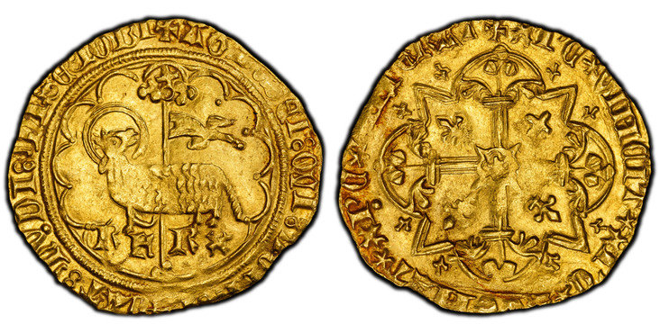1084825 FRANCE. Charles VII. (King, 1422-61). (1422-61) AV Agnel d'Or. PCGS MS62.  Villeneuve-lès-Avignon. 23mm. 2.51gm. + AGN* DEI* QVI TOLL* PECAT* MVDI* MISE* NOBIS. Paschal lamb, left,a forelegs raised and head turned to right, before front a ...