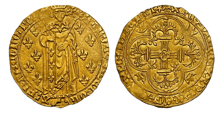 1084826 FRANCE. Charles VII. (King, 1422-61). (1422-61) AV Royal d'Or. NGC MS63.  Angers. 27.5mm. 3.84gm. + KAROLVSx DEIx GR - Ax FRANCORVx REX. Crowned king standing facing holding two scepters on a field of fleur-de-lis / + XPCx VINCITx XPCx REG...