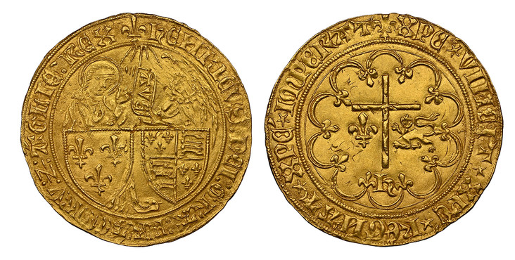 1087453 FRANCE. Henry VI. (King, 1422-53). (1422-53) AV Salut d'Or. NGC MS64.  Saint-Lô. 3.49gm. HERICVS DEI GRA FRACORV Z AGLIE REX. The Archangel Gabriel standing before the Virgin Mary, to whom he holds out a parchment bearing the word AVE, beh...