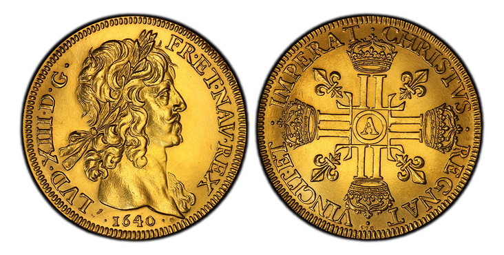 1087311 FRANCE. Louis XIII. (King, 1610-1643). "1640" (c.1972)-A AV Restrike 10 Louis d'Or. PCGS MS66.  Paris. Edge: "MDP" [Monnaies de Paris]. 39.71gm. LVD · XIII · D · G · FR · ET · NAV · REX. Laureate head of Louis XIII right, date below / CHRI...