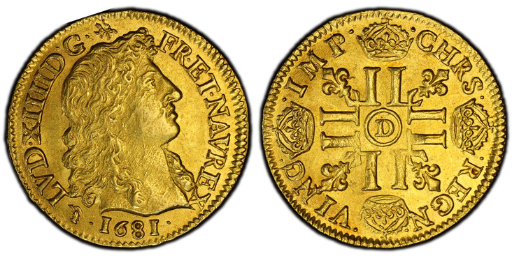 1084627 FRANCE. Louis XIV. 1681-D AV Louis d'Or. PCGS MS63.  Lyon. Bust, right / Cruciform of crowned LLs; a lis in each angle. KM 219.3; Gad.-247.

Please use this link to verify the PCGS certification number <a href="http://www.pcgs.com/cert/527...