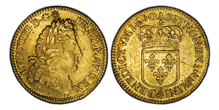 1087455 FRANCE. Louis XIV. 1690-A AV Louis d'Or. PCGS AU53.  Paris. Laureate head right; sun above; eagle's head below / Crowned coat-of-arms; crescent below shield. KM 278.1; Fr.-429, Gad.-250.

Flan réformé variety.

Please use this link to veri...