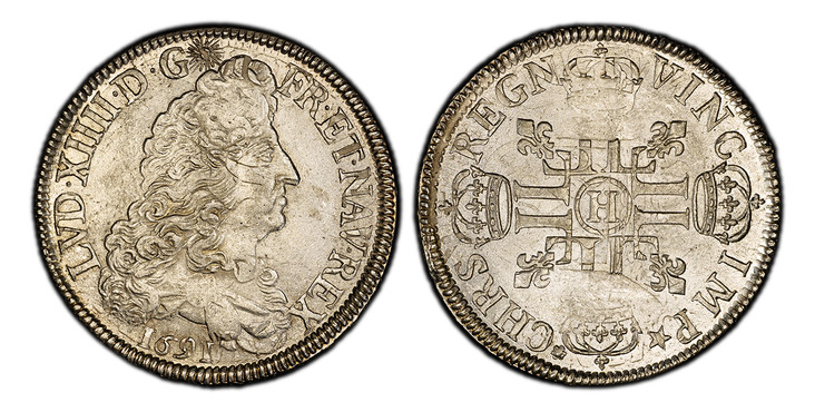 1085952 FRANCE. Louis XIV. 1691-H AR Ecu. PCGS MS62.  By J. Röettiers. La Rochelle. Edge: DOMINE SALVUM FAC REGEM. 40.7mm. 27.20gm. LVD.XIIII.D.G (sun)  – FR.ET.NAV.REX . Bust, right; date below truncation / CHRS REGN VINC IMP✭. Cruciform of eight...