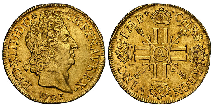 1086087 FRANCE. Louis XIV. 1703-A AV 2 Louis d'Or. NGC AU58.  Paris. LVD · XIIII · D · G  FR · ET · NAV · REX. Laureate head right / CHRS REGN VINC IMP. Crowned back to back L's with sceptre and hand of Justice crossed at center behind circle. KM ...