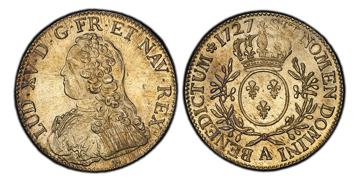 1085955 FRANCE. Louis XV. (King, 1715-1774). 1727-A AR Ecu. PCGS MS63.  Paris. 40.6mm. 29.40gm. LUD · XV · D · G · FR · ET · NAV · REX ·. Bust left / SIT NOMEN DOMINI BENEDICTUM. Crowned round arms of France within sprays. KM 486.1; Dav.-1330; Dup...