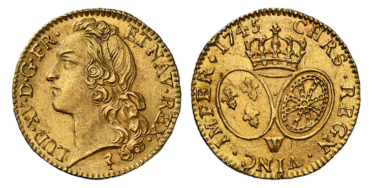 1086770 FRANCE. Louis XV. (King, 1715-1774). 1745-W AV Louis d'Or. NGC MS63.  Lille. LUD • XV • D • G • FR • ET NAV • REX • . Head left / CHRS • REGN • VINC • IMPER. Crown above arms of France and Navarre. KM 513.22; Fr.-464; Duplessy 1643; Gadour...