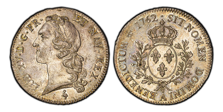 1085956 FRANCE. Louis XV. 1762-A AR Ecu. PCGS AU58.  Paris. 41.7mm. 29.35gm. LUD · XV · D · G · FR · ET  NAV · REX. Head with headband left / SIT NOMEN DOMINI BENEDICTUM. Crowned round arms of France within sprays. KM 512.1; Dav.-1331; Duplessy 16...