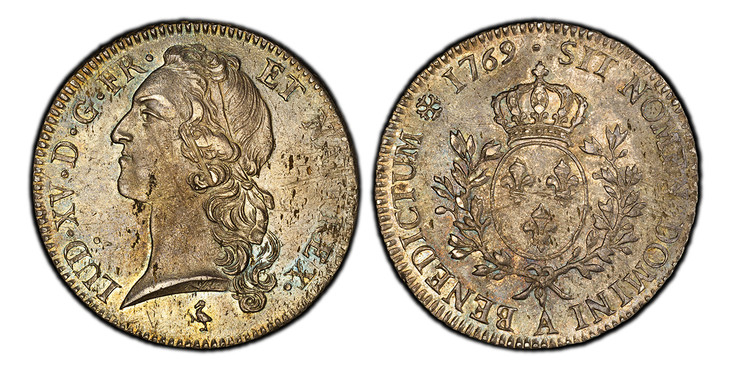 1085957 FRANCE. Louis XV. 1769-A (+) AR Ecu. PCGS MS62.  By Jean-Charles Röttiers. Paris. 41..4mm. 29.36gm. LUD · XV · D · G · FR · ET  NAV · REX. Head with headband left / SIT NOMEN DOMINI BENEDICTUM. Crowned round arms of France within sprays. K...