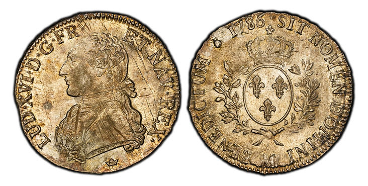 1085963 FRANCE. Louis XVI. 1786-M (p) AR Ecu. PCGS MS62.  By Pierre-Benjamin Duvivier. Toulouse. 40.9mm. 29.26gm. LUD · XVI · D · G · FR · ET NAV REX. Ornamental stitching on uniform / SIT NOMEN DOMINI A BENEDICTUM. Crowned arms of France within b...