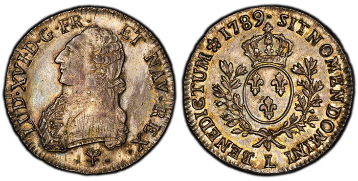 1085961 FRANCE. Louis XVI. 1789-L (p) AR Ecu. PCGS AU58.  By Pierre-Benjamin Duvivier. Bayonne. LUD · XVI · D · G · FR · ET NAV REX. Ornamental stitching on uniform / SIT NOMEN DOMINI A BENEDICTUM. Crowned arms of France within branches. KM 564.1;...