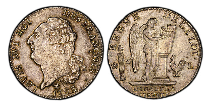1085968 FRANCE. Louis XVI. 1793// L'An 5-L AR Ecu, 6 Livres. PCGS AU55.  By Pierre-Benjamin Duvivier. Bayonne . Edge: LA NATION LA LOI ET LE ROI (The nation, the law, and the king ). LOUIS XVI ROI DES FRANÇAIS. Bust with date below truncation / RE...
