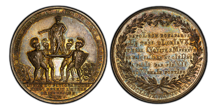 1085399 FRANCE. Napoleon I. 1804 AR Medal. PCGS SP64.  By J. Merlen. 43.8mm. 34.37gm. Four soldiers support and carry the crowned ruler on a shield / Multi-line inscription within a laurel wreath. Bramsen 333; Julius 1273.

Commemorating the coron...