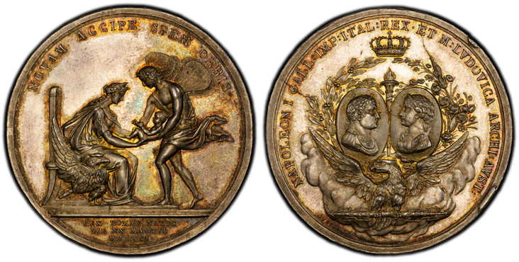 1085695 FRANCE. Napoleon I. 1811 AR Medal. PCGS MS63.  By Stuckhart. 49.5mm. 33.75gm. NAPOLEON I GALL IMP ITAL REX ET M LVDOVICA ARCHI AVST. Facing busts of Napoleon I and Marie Louise within medallions; between them, a burning torch; all within t...