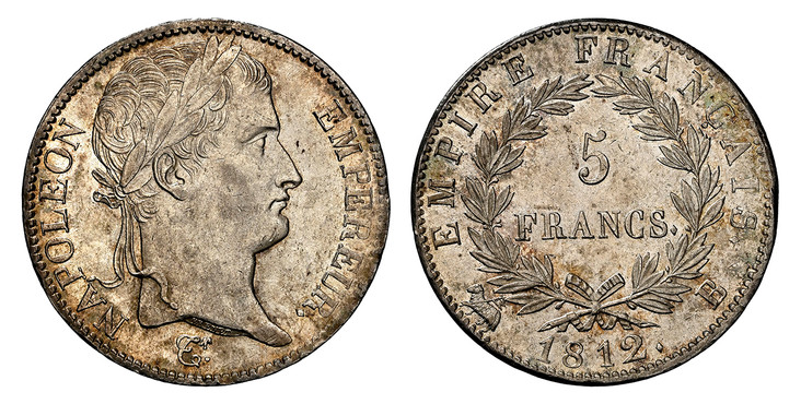 1083511 FRANCE. Napoleon I. (Emperor, 1804-1814, 1815). 1812-B AR 5 Francs. NGC MS63.  By Nicolas-Antoine Brenet. Rouen. 37mm. NAPOLEON EMPEREUR. Laureate head right / EMPIRE FRANCAIS. Denomination within wreath. KM 694.2; Gadoury 584; F.-307.

Pl...