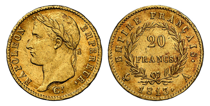 1087247 FRANCE. 1813-A AV 20 Francs. NGC MS61.  Paris. NAPOLEON EMPEREUR. Laureate head left / EMPIRE FRANCAIS. Denomination within wreath. KM 695.1; Friedberg 521.

Please use this link to verify the NGC certification number <a href="https://www....