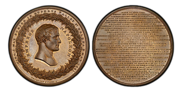 1085172 FRANCE. Napoleon I. (Emperor, 1804-1814 and 1815). 1821 Bronzed AE Medal. PCGS MS65.  By Thomason & Jones. 54mm. 69.49gm. DIED 5 MAY BURIED IN RUPERTS VALLEY St. HELENA 9 MAY 1821// EMPEROR – NAPOLEON. Bust of Napoleon within wreath; legen...
