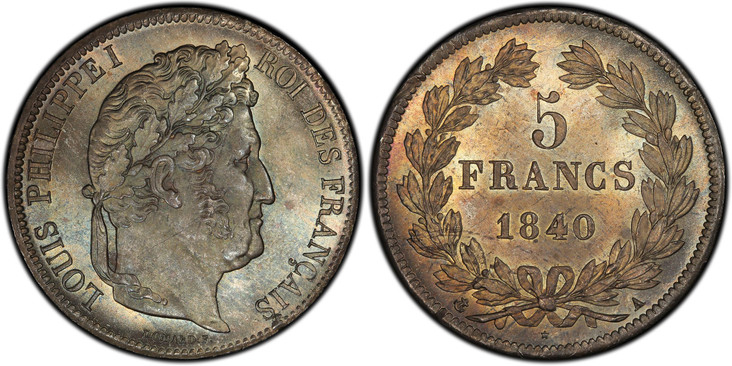 1087668 FRANCE. Louis Philippe I. (King, 1830-48). 1840-A AR 5 Francs. PCGS MS65+.  By Domard. Paris. LOUIS PHILIPPE I ROI DES FRANCAIS. Laureate head right / Mint marks at edge outside wreath. KM 749.1; Gad.-678; F-324.

Please use this link to v...